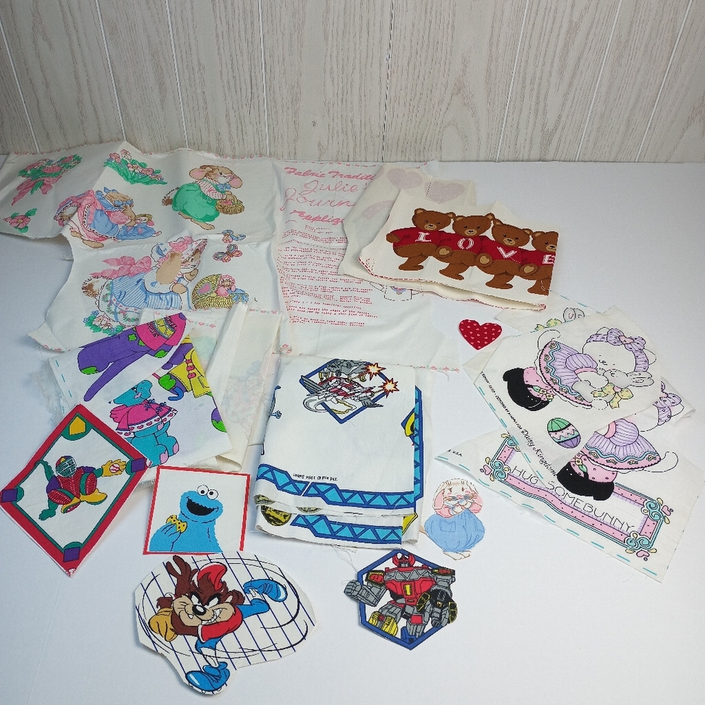VTG lot of Fabric Scraps Various Patterns and Sizes power rangers, rabbits dino.